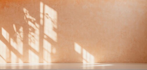 Minimalist orange concrete background for product presentation, bathed in sunlight with captivating shadows on the wall. Perfect for showcasing products. Website header with copy space. Generative AI