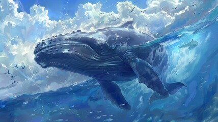 Whales come up to play on the surface of the sea. world ocean day world environment day Virtual image - obrazy, fototapety, plakaty
