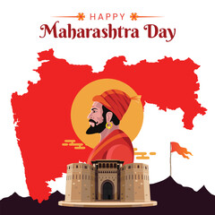 Maharshtra Day Celebration with Maharshtra Map and Shivaji Maharaj greeting card banner Vector