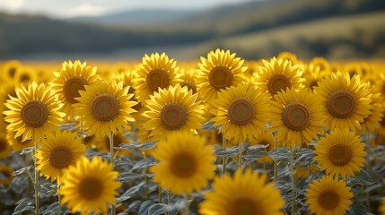 Obraz premium A large field of sunflowers, their faces turned toward a towering mountain in the background