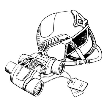 Military soldier equipment of helmet, tactical binoculars and Personal number badges black and white vector illustration for army, infantry uniform and gear designs
