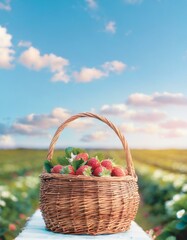A rustic wicker basket filled to the brim with freshly picked strawberries, set against the backdrop of a flourishing strawberry field under a clear blue sky