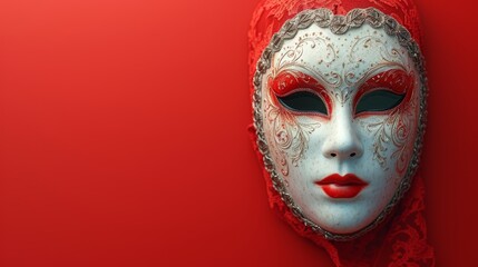   A mask with a woman's face centrally positioned, set against a solid red background ..Or, for a more descriptive version:. - obrazy, fototapety, plakaty
