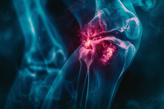 X-Ray View of a Human Knee with Red Pain Indication