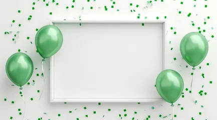 Fotobehang   A white frame encircled by green balloons and confetti against a white backdrop, accompanied by scattered green confetti © Mikus