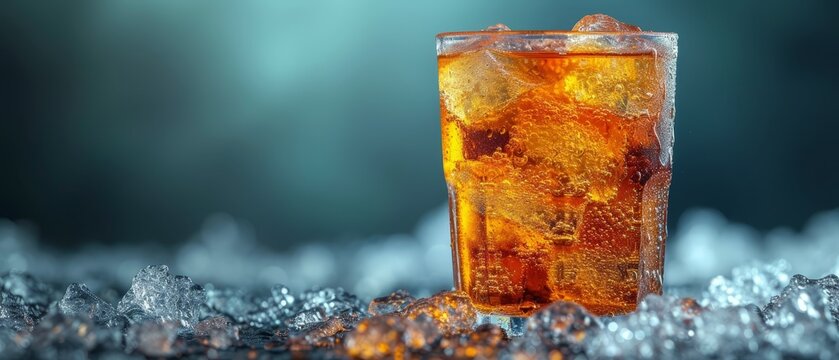   A glass of ice tea on a table, filled with cubed ice Background softly blurred