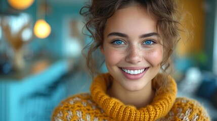   A person, close-up, smiling, yellow scarf around neck, blue wall behind - obrazy, fototapety, plakaty