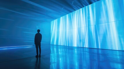 Silhouette of a person in a futuristic blue illuminated corridor.