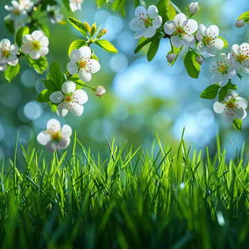  Fondo de primavera con hierba verde, flores y hojas en vector