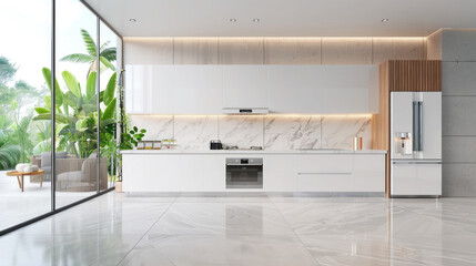 Sleek white kitchen interior with marble countertops and natural light - obrazy, fototapety, plakaty