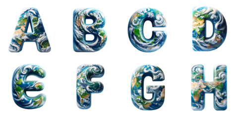 Artistic Representation of Planet Earth: Alphabet letters A, B, C, D, E, F, G, H with earth textures and elements