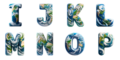 Artistic Representation of Planet Earth: Alphabet letters I, J, K, L, M, N, O, P with earth textures and elements