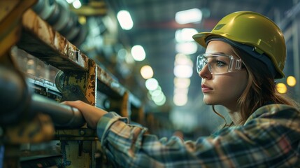Fototapeta na wymiar Female Worker Inspecting Metal Parts in Manufacturing Plant