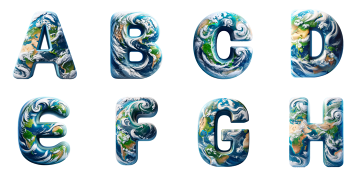 Artistic Representation of Planet Earth: Alphabet letters A, B, C, D, E, F, G, H with earth textures and elements