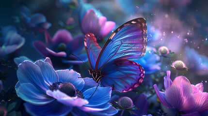 Beautiful purple blue butterfly on an anemone forest flower in spring nature, close-up macro,Butterflies flying on blue flowers, purple butterfly on a background of flowers. Floral background. Toned. - obrazy, fototapety, plakaty