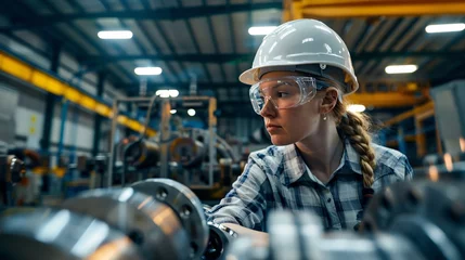 Selbstklebende Fototapeten Female Worker Inspecting Metal Parts in Manufacturing Plant © Vincent
