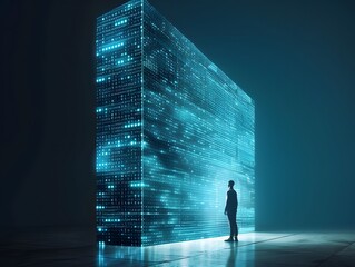 Person standing before a towering digital ledger, symbolizing data analysis and futuristic technology