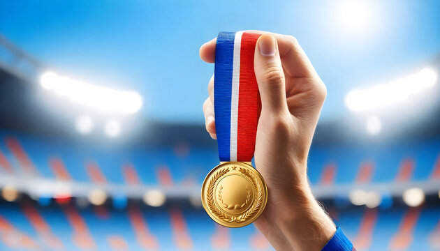 hand holding gold medal, no. 1 position, stadium, sky background, award and victory concept 