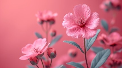   A pink flower with green leaves against a pink backdrop, featuring a pink wall in the distance