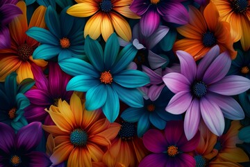   A collection of vibrant flowers, centrally situated among a diverse assortment, presenting various hues of purple, orange, blue, yellow, and green