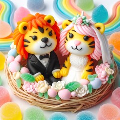 Obraz premium a couple wedding tiger, Lion in nest made of pastel color rainbow gummy candy on a white background