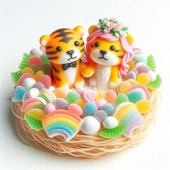 a couple wedding tiger, Lion in nest made of pastel color rainbow gummy candy on a white background