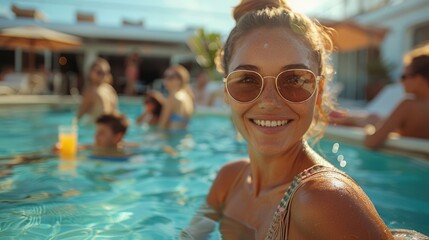 Smiling woman with sunglasses in swimming pool.