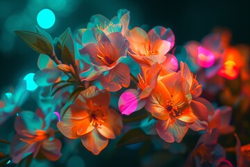   A tight shot of a bouquet of flowers with softly blurred background lights The foreground is sharp, focusing on the vibrant blooms Background lights are gently out of focus (bo