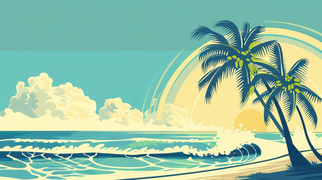 sunset beach with palm tree, ocean wave on blue sky in summer. Design of social media, banner, poster, newsletter, advertisement, leaflet, placard, brochure, wallpaper, t-shirt, 
