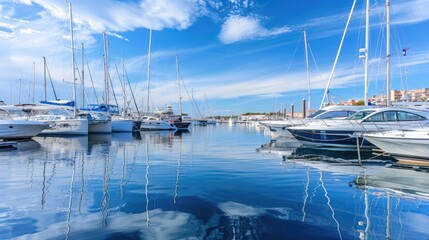 Sailboats moored in calm marina waters. Nautical lifestyle and luxury yachting concept