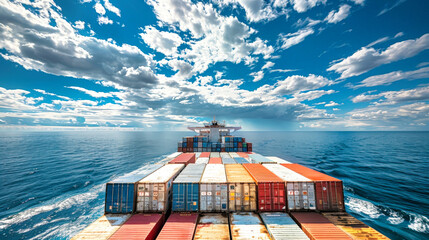 A large cargo ship loaded with containers sailing in the vast ocean