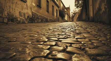   A cobblestone street flanks by a building on one side and a tree on the opposite side - obrazy, fototapety, plakaty