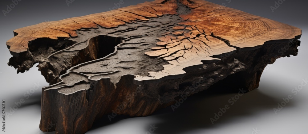 Poster a simple close-up view of a wooden table featuring a detailed tree trunk pattern on the surface