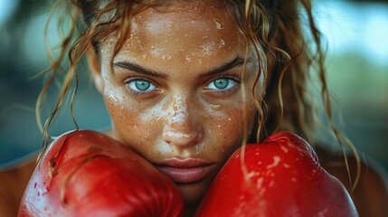 Female boxer with blue eyes and red gloves. Intense portrait shot with sweat detail