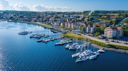 Aerial view of a tranquil marina with moored sailing boats in a coastal town. - obrazy, fototapety, plakaty