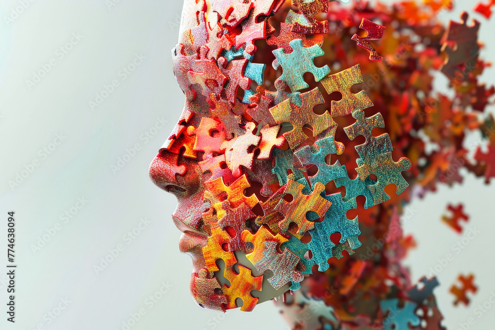 Poster a mosaic of colorful puzzle pieces intricately create the features of a womans face, showcasing a un