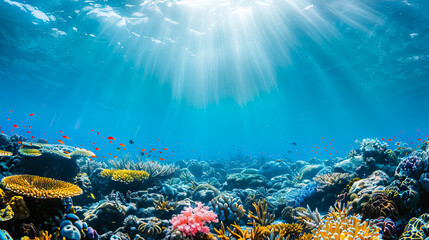 Colorful tropical and fish coral reef ecosystem on blue ocean background and sunrays with copy space. - obrazy, fototapety, plakaty