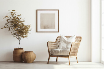 Step into the boho-chic atmosphere of a contemporary living space adorned with a wicker chair, floor vases, and a blank mockup poster frame on a crisp white wall.