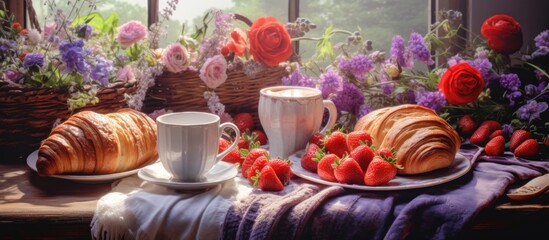 A selection of ripe strawberries and a buttery croissant placed on a plate, positioned beside a steaming cup of coffee