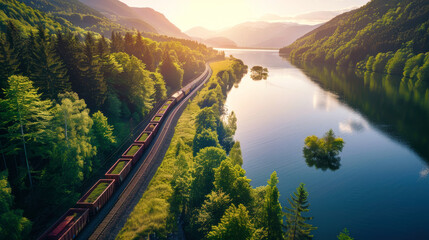 A train moves along the tracks amidst a dense green forest, surrounded by tall trees and foliage - Powered by Adobe