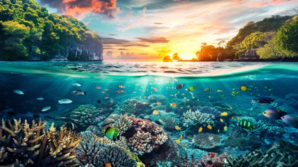 Tuinposter Coral reef in foreground with small tropical island visible in the distance, showcasing underwater ecosystem and marine life © Anoo