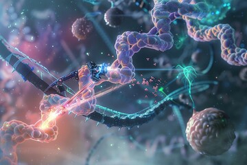 Innovative Nanotechnology in Medicine: DNA Repair Nanobots ,Nanomedicine: Nanobots Repairing DNA Nano-scale Medicine - obrazy, fototapety, plakaty