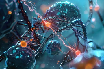 Fototapeta na wymiar Innovative Nanotechnology in Medicine: DNA Repair Nanobots ,Nanomedicine: Nanobots Repairing DNA Nano-scale Medicine
