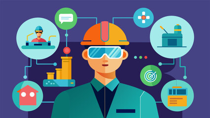 A detailed image of a factory worker utilizing AR goggles as various holographic images appear in front of them to ist in the assembly process.