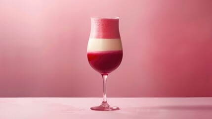Layered cocktail in wine glass on pink background.