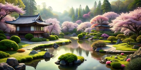 Japanese Tea Garden with Cherry Blossoms and Bonsai Trees, Spring Background, Spring landscape - obrazy, fototapety, plakaty