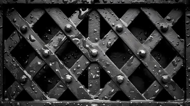 **: A macro photograph of a weathered metal grate with a grid-like pattern.