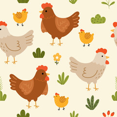 Seamless pattern with cute hen, chicks, flowers and leaves for your fabric, children textile, apparel, nursery decoration, gift wrap paper. Vector illustration - obrazy, fototapety, plakaty