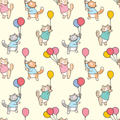 Seamless Pattern of Cartoon Cat and Balloon Design on Light Yellow Background - obrazy, fototapety, plakaty