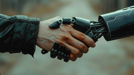 Collaboration of Human and Robotic AI. Human and AI handshake. Human and AI friendship.